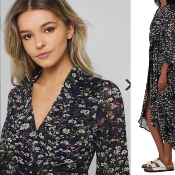 GANNI Ditsy Floral Georgette Wrap Dress Black Purple - Picture 4 of 11